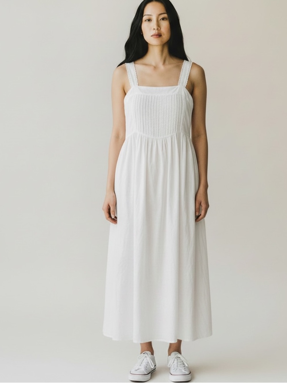 Laura Ashley White Midi Sundress with Smocked Bodice